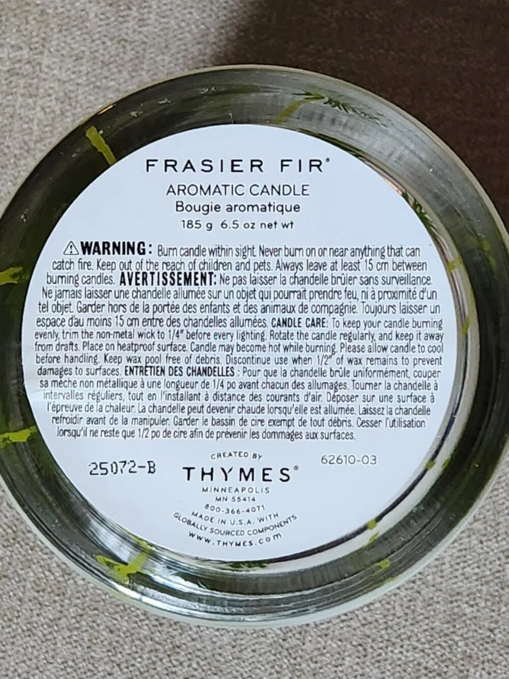 Thymes Frasier Fir Aromatic Glass Jar Candle Winter Christmas 6.5 oz 185 g NEW